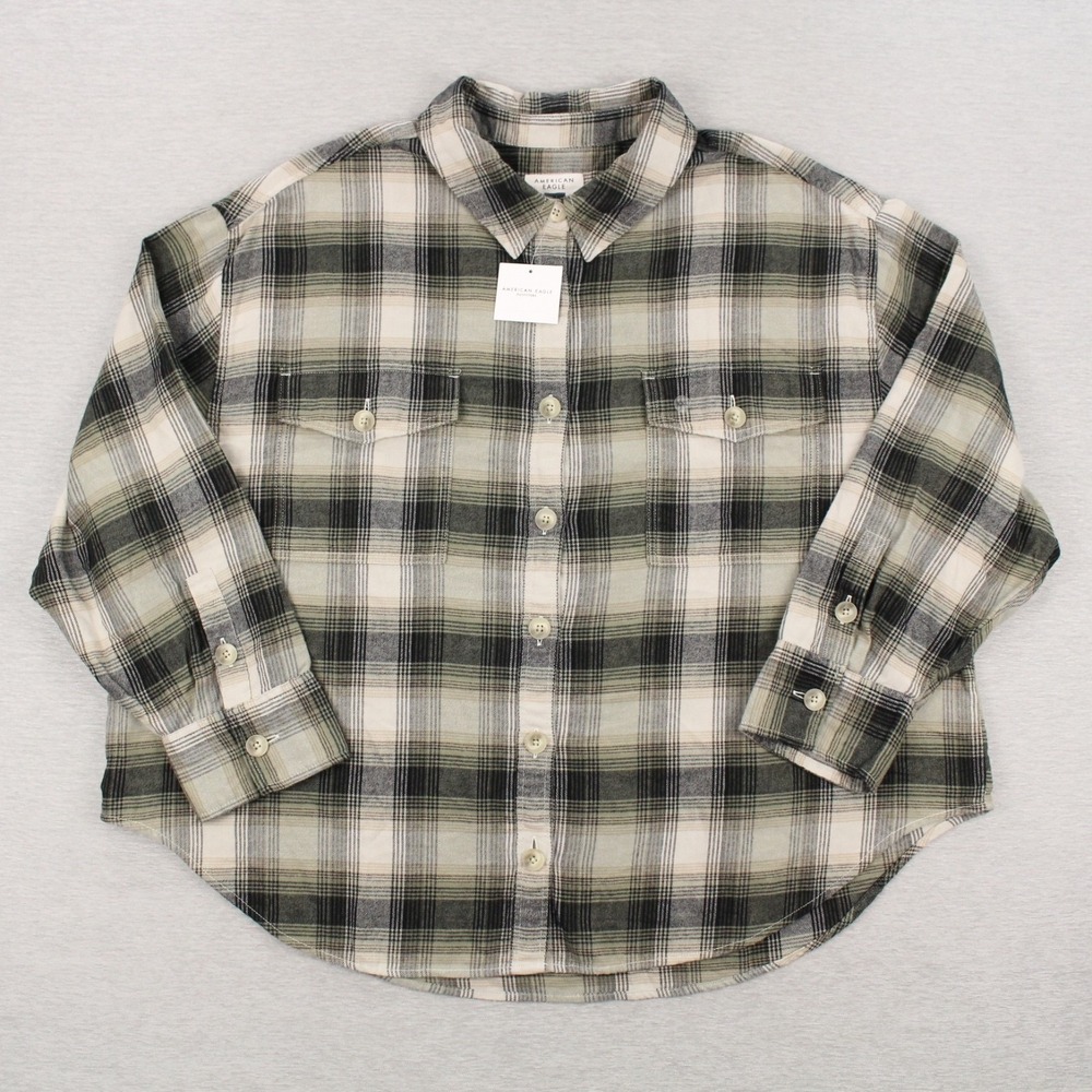 American Eagle Flannel Shirt Womens Size XXL Gray Black Plaid Button-Up NEW